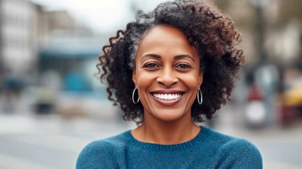African woman smiling at the camera outdoors. Close-up portrait of a cheerful handsome african american woman in the city. Middle aged delighted woman standing in a city. AI Generated