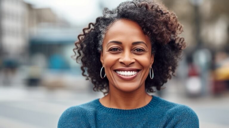 African woman smiling at the camera outdoors. Close-up portrait of a cheerful handsome african american woman in the city. Middle aged delighted woman standing in a city. AI Generated